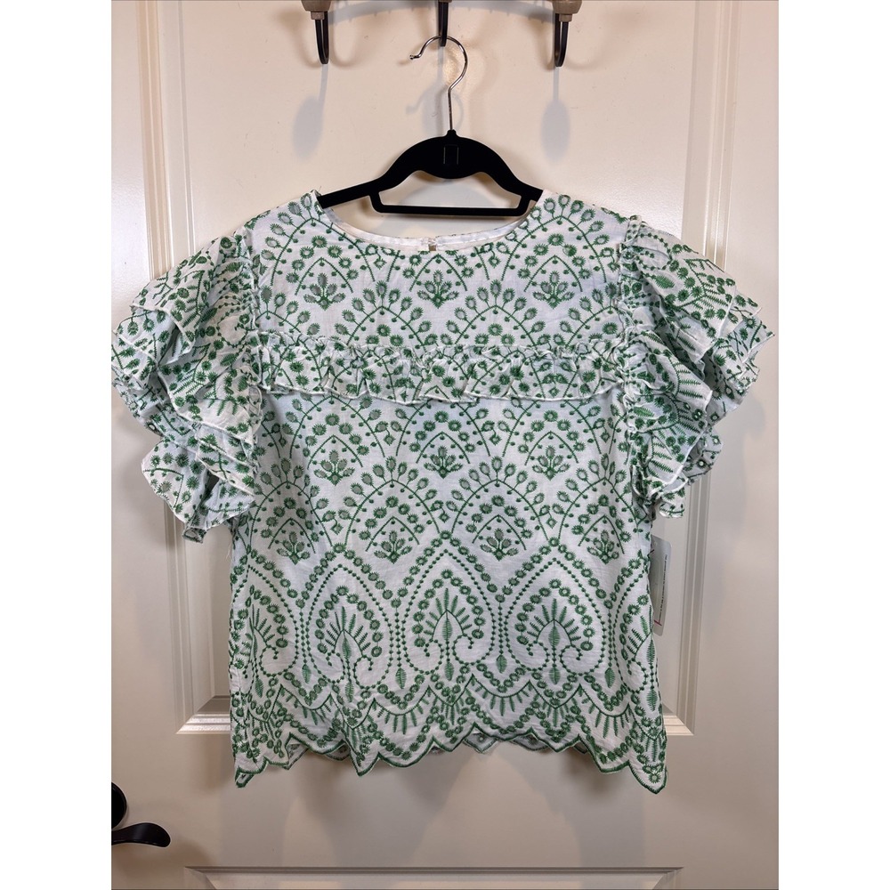 New TCEC Green Shirt Scalloped Trim Eyelet Lined Blouse Women Size Large Top NWT
